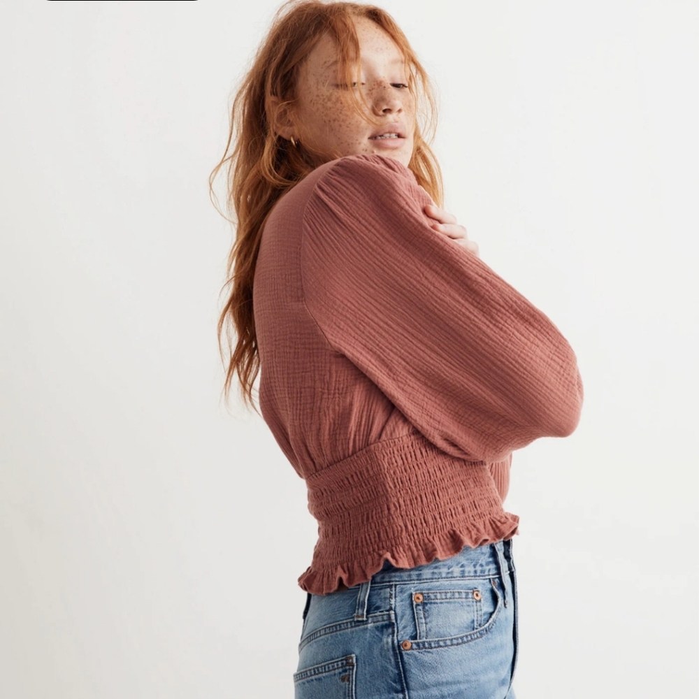 Madewell Lightspun Julianne Smocked-Waist Orange Top Small